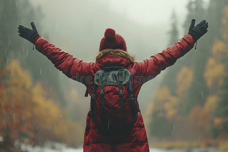 Herbstabenteuer im Freien : gemütliche rote Jacke und Rucksack inmitten der Herbstlandschaft generativ ai stock abbildung