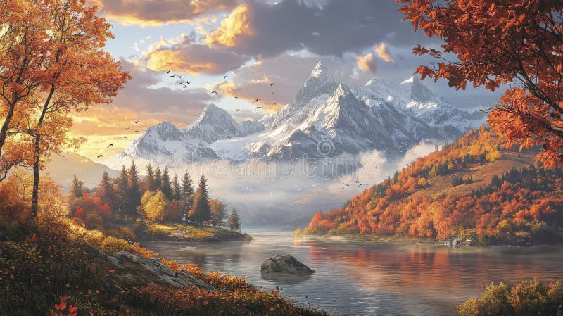 Herbstabenteuer Panoramaaussicht Stille Seenlandschaft Lebendige Herbstfarben Panoramaaussicht. Herbstabenteuer Panoramablick Bergsicht Stille Seenlandschaft Lebendige Herbstfarben Panoramaaussicht generative ai Illustration