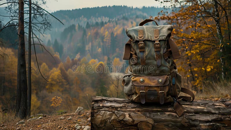 Herbstabenteuerreise Rucksack auf Waldbügel mit Bergsicht Wanderkonzept lizenzfreie abbildung