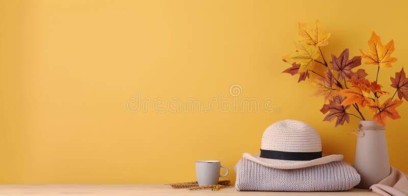Herbstblätter und Strohhut auf warmgelbem Hintergrund. Ein Strohhalm zwischen lebhaften Herbstblättern und getrockneten Gräsern auf einer warmen gelben Oberfläche, der das Wesen des Herbstes und des saisonalen Wandels erfasst. generierte ai ai generative