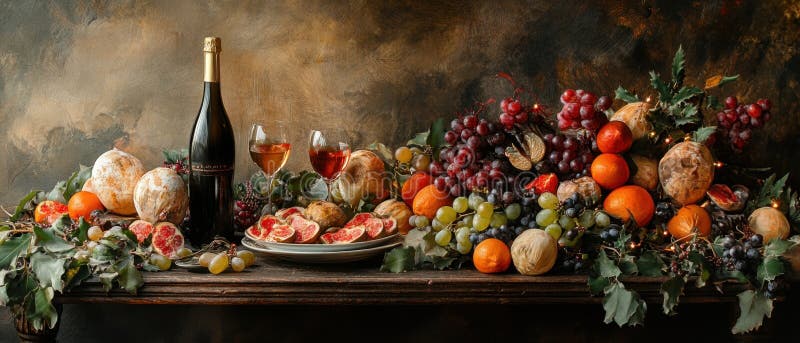 Herbsternte mit Wein und Früchten. Ein schönes Arrangement von Herbstfruchtwein und dekorativen Elementen auf einem rustikalen Tisch, der die Wärme der Erntezeit zeigt.. ai generiert