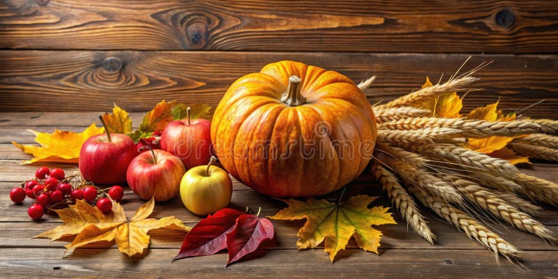 Herbsternte noch Leben Kürbisäpfel Weizen und Herbst Blätter auf rustikalem Holz. Generative AI lizenzfreie abbildung