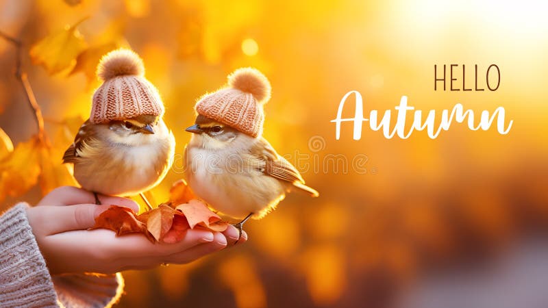Herbstkarte mit zwei kleinen Vogelspangen in Strickhütten mit Text Hallo Herbst lizenzfreie abbildung