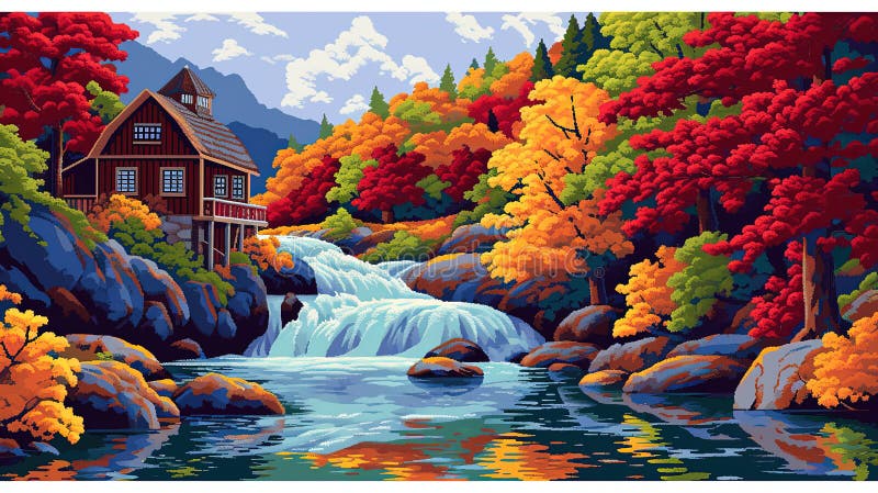 Herbstlackierung. Diese Illustration wird mit Liebe unter Verwendung verschiedener digitaler Software und Hilfsprogramme erzeugt. ein atemberaubendes abstraktes Gemälde einer Wassermühle im Herbst, die mit farbenfrohen pixelart im Stil moderner europäischer ink gemalt wurde, dieses Kunstwerk spiegelt das Wesen der whistlerianischen Ästhetik wider und ist inspiriert von der Schönheit der Natur, die perfekt für Liebhaber von cotattcore ar 169 v 6 ist