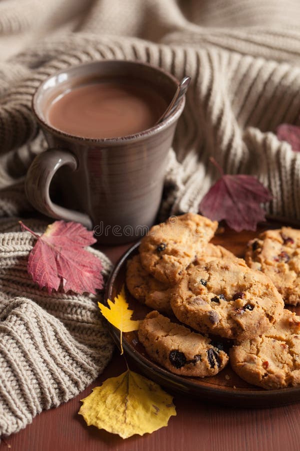 Herbstlaubplätzchen des getränks der heißen Schokolade Erwärmungsgemütliche lizenzfreies stockfoto