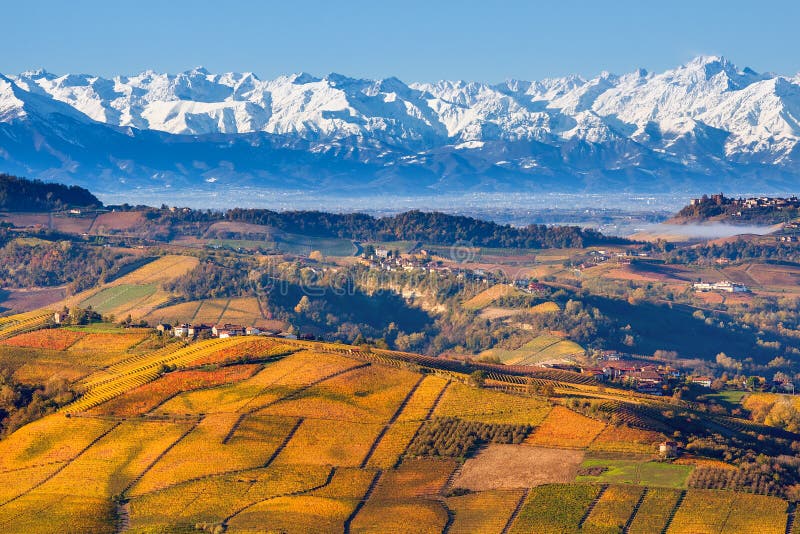Herbstliche Hügel und schneebedeckte Berge in Piemont, Italien