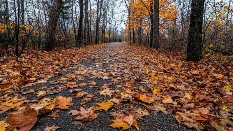 Herbstliche Ruhe farbenfrohe Blätter auf ruhigen Weg ruhige Waldlandschaft Grundriss Aussicht stock abbildung