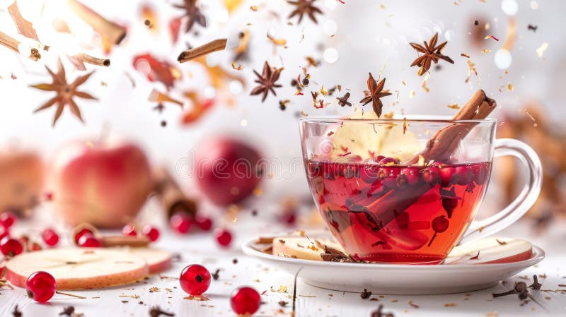 Herbsttee mit Apfelscheiben Cranberries Gewürze fallen Zutaten in Tasse stock abbildung