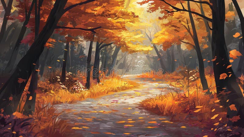 Herbstweg Abenteuer verzauberte Waldlandschaft lebhafte Farben ruhige Aussicht einladend Reise stock abbildung
