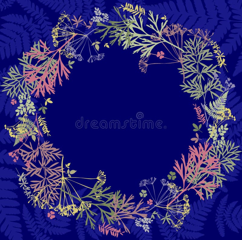 Herbário com wildflowers, ramos, folhas em um círculo Botânica em um fundo azul, cartão, grinalda ilustração royalty free Herbário com wildflowers, ramos, folhas em um círculo Botânica em um fundo azul, cartão, grinalda ilustração royalty free