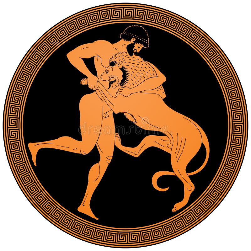Hercules wrestling the Nemean Lion, the first of Heracles twelve labors vector illustration in red figure vase ancient Greek painting style