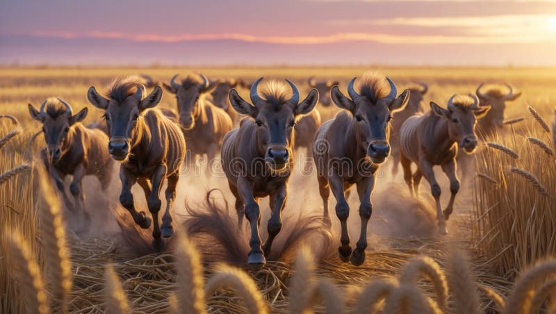Herd of Blue Wildebeest Running Through Golden Wheat Field at Sunset stock illustration