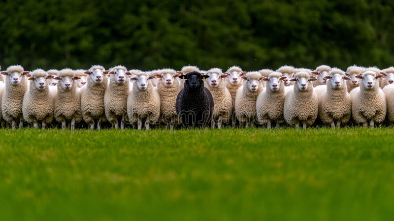 A herd of sheep standing in a field of green grass stock photo