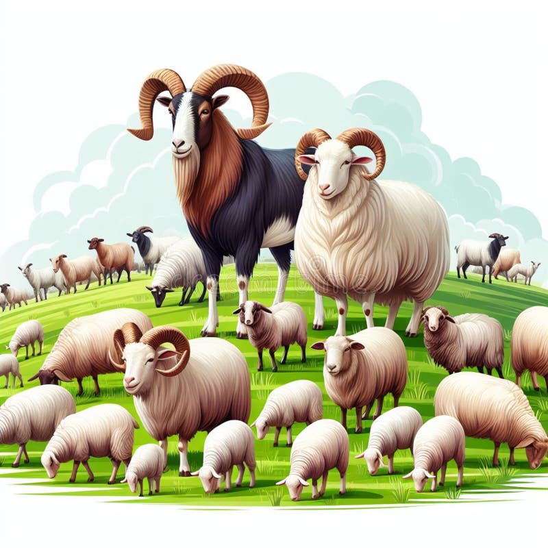 A Herd of Sheep and Two Long Horn Sheep on a Grassy Hill. Stock