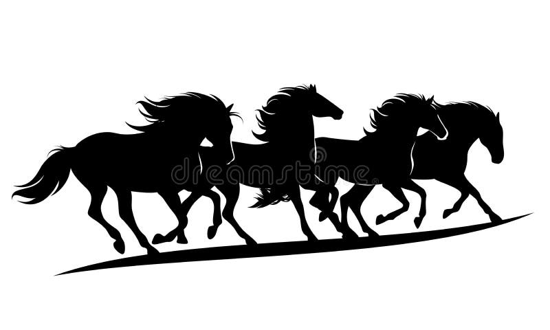 Running mustang horses herd black and white vector silhouette