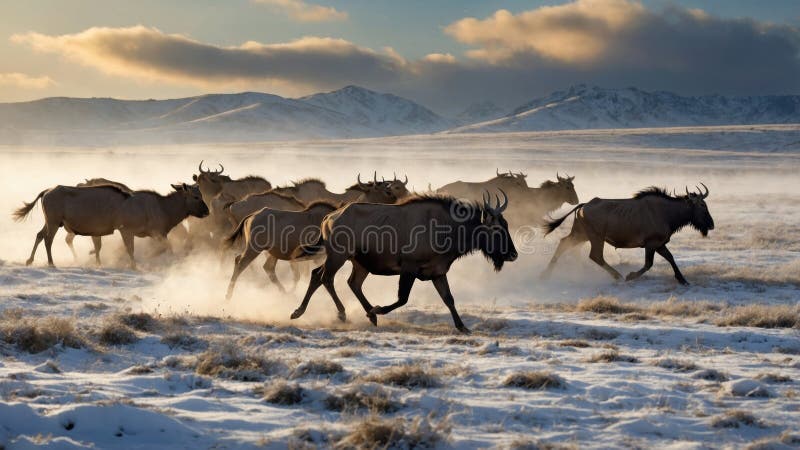 Majestic Herd of Blue Wildebeest Running Across Snowy Plains at Sunset stock illustration