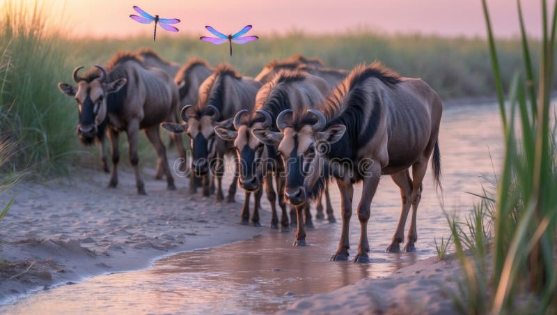 Herd of Blue Wildebeest Drinking at Sunset with Dragonflies vector illustration