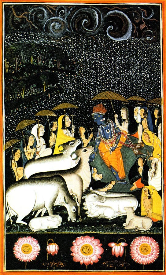 Herds of cows seek Krishna`s protection from rain; through the mountain or the raised ground one can encounter the terrible forces of nature. Herds of cows seek Krishna`s protection from rain; through the mountain or the raised ground one can encounter the terrible forces of nature