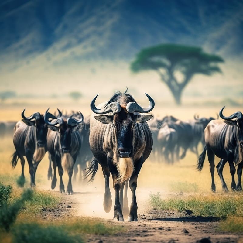 Ai Generated illustration image of Herds of wildebeests walking in Ngorongoro Made With Generative AI illustration , wildlife concept