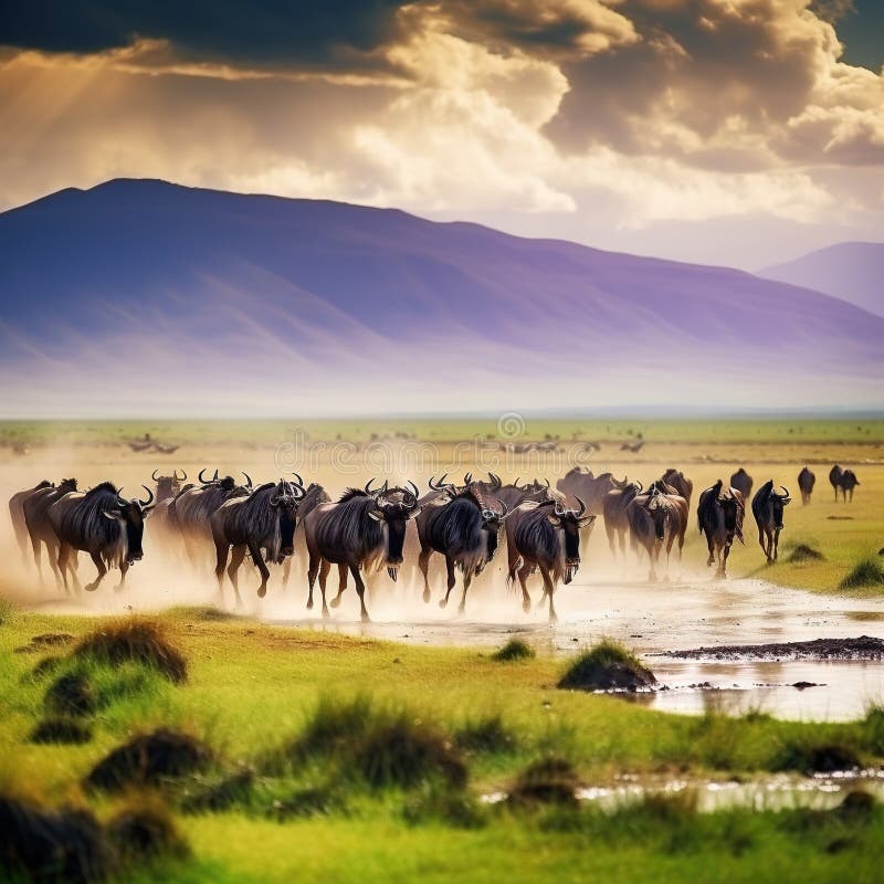 Ai Generated illustration image of Herds of wildebeests walking in Ngorongoro Made With Generative AI illustration , wildlife concept