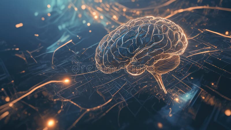 Futuristic transparent brain hovering over a complex circuit board, representing artificial intelligence and neural networks stock illustration
