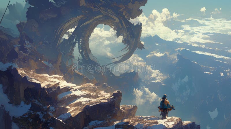Lone figure contemplates a colossal, abstract structure atop a snowy mountain stock photos