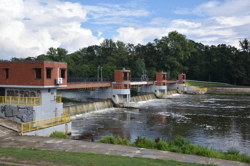 Odra River in Wroclaw, Poland. Weir at river to adjust water level. Odra River in Wroclaw, Poland. Weir at river to adjust water level.