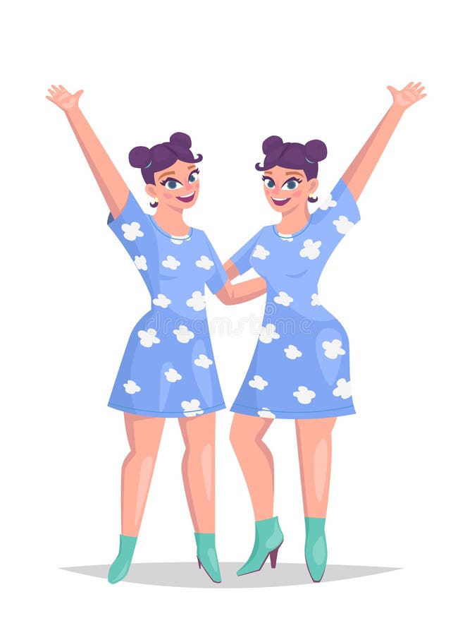 Two happy identical twins sisters hugging, happy girls vector illustration. Two happy identical twins sisters hugging, happy girls vector illustration