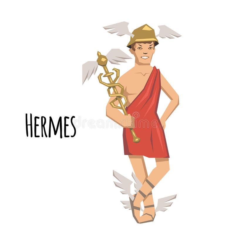 Hermes, бог древнегреческия проезжих частей, путешественников, купцев и похитителей, посыльного богов мифология Плоский вектор бесплатная иллюстрация Hermes, бог древнегреческия проезжих частей, путешественников, купцев и похитителей, посыльного богов мифология Плоский вектор бесплатная иллюстрация