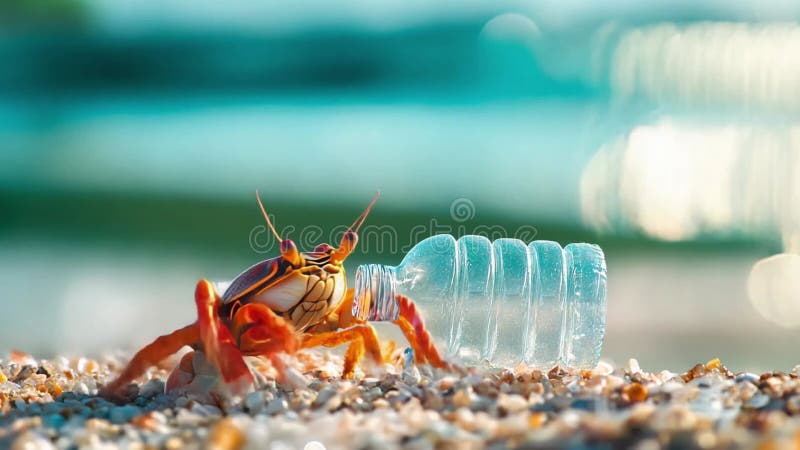 Hermit crab uses plastic bottle as shell, harsh effects of pollution on ocean life and habitats vector illustration
