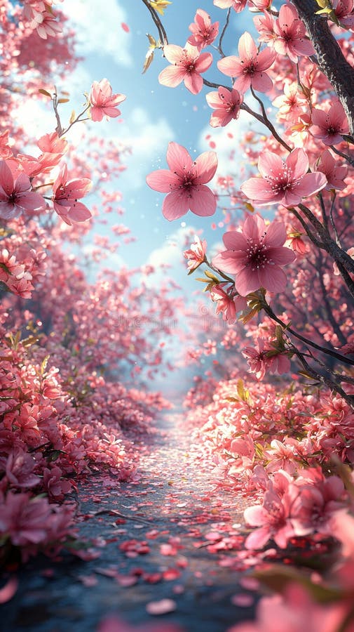 Hermosa escena primaveral con florecimiento de cerezos y sendero sereno. Las flores rosadas vibrantes crean una atmósfera mágica. imagenes de archivo