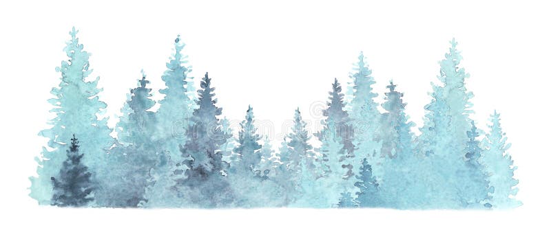 Hermosa ilustraciÃ³n forestal de acuarela, abetos de Navidad, naturaleza de invierno, fondo de vacaciones, conÃ­feras, nieve, afue