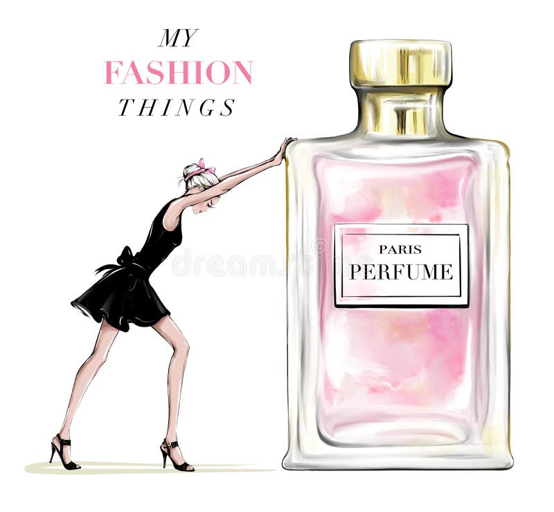 Hermosa joven dibujada a mano empujando una botella de perfume. mujer de moda vestida de negro. chica elegante con el arco en la c ilustración del vector