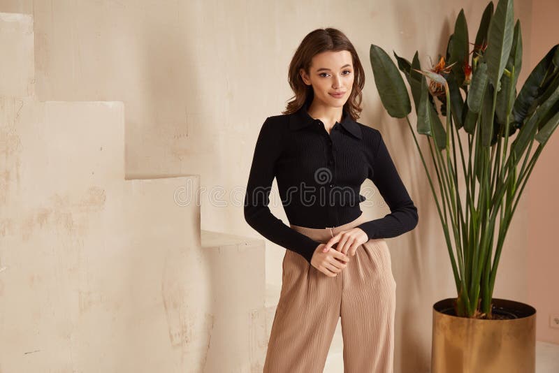 Hermosa Morena Mujer Natural Maquillaje Ropa De Moda Ropa Informal Código De Oficina Blusa Negra Y Pantalones Traje Para Imagen de archivo - Imagen de gente: 179891991