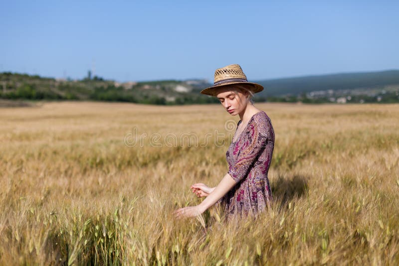 Hermosa mujer de moda rubia en un vestido en un campo de trigo fotos de archivo Hermosa mujer de moda rubia en un vestido en un campo de trigo fotos de archivo