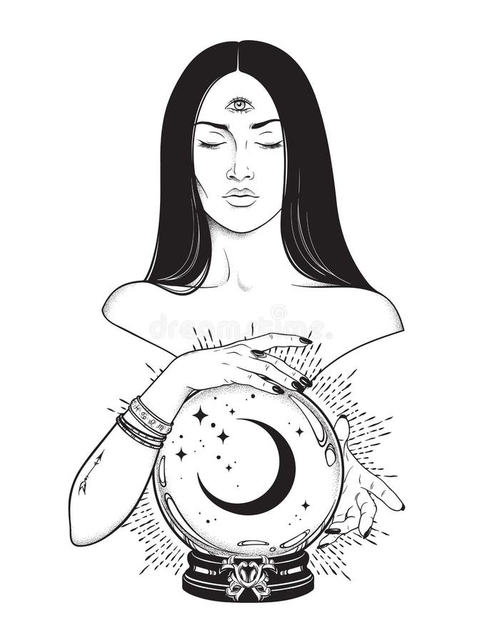 Hermosa profetisa con tercer ojo leyendo bola de cristal mágico con arte en línea lunar y trabajo en punto Tatuaje chic Boho, afi