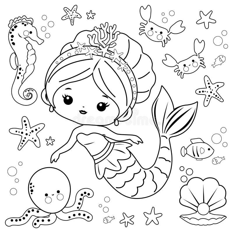Hermosa Sirena Y Animales De Mar. Página Vectorial Blanco Y Negro Para  Colorear Ilustración del Vector - Ilustración de perla, cangrejo: 207910348