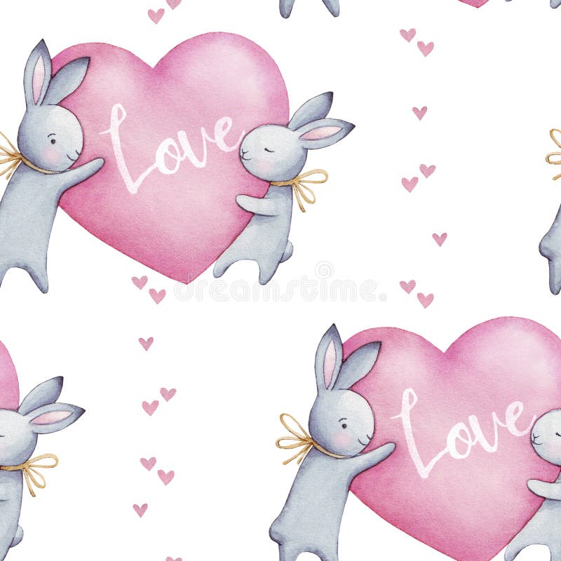 Beautiful seamless watercolor pattern with cute rabbits and pink hearts. Perfect for your project, packaging, wallpaper, cover design, invitations, birthday, valentine`s day. Beautiful seamless watercolor pattern with cute rabbits and pink hearts. Perfect for your project, packaging, wallpaper, cover design, invitations, birthday, valentine`s day.