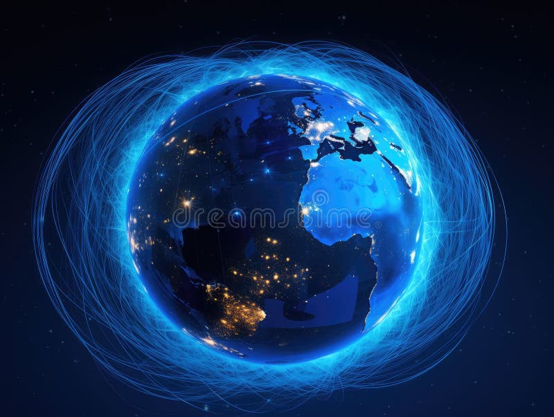 Hermoso planeta azul tierra con líneas de luz amarilla comunicación idea creativa. concepto de transferencia y transmisión de datos. 7. º travesía. generado por ai