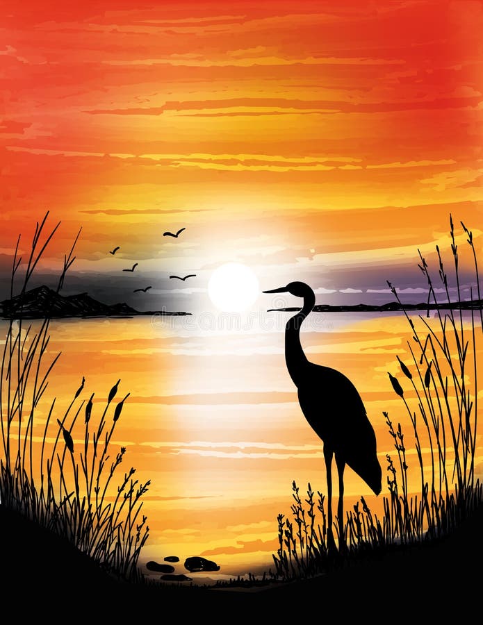 The heron on the lake on sunset