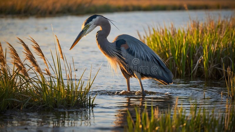 Heron som väller genom en träsk vid solnedgången omgiven av höga reeds och badade i gyllene ljus stock illustrationer