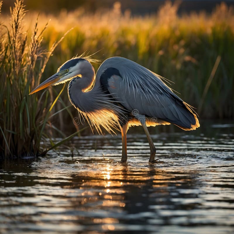 Heron som väller genom en träsk vid solnedgången omgiven av höga reeds och badade i gyllene ljus vektor illustrationer