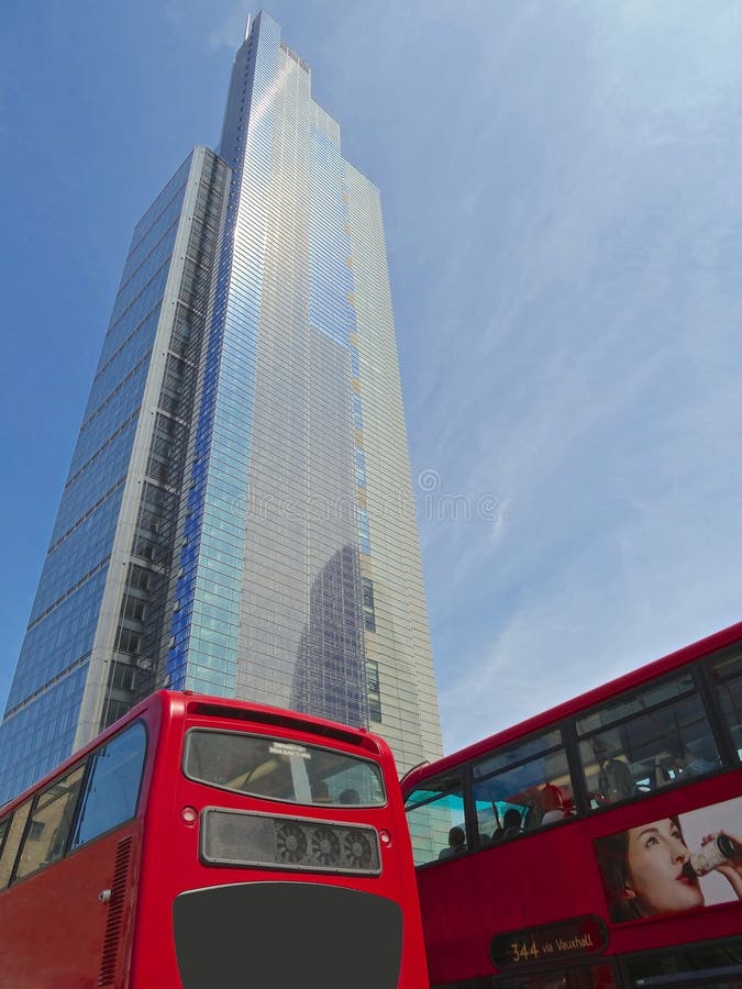 Heron Tower and red London bus