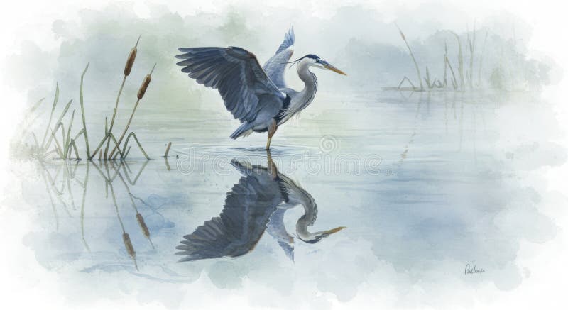 Heron Wading in Water with Reflection Watercolor Paeing vektor illustrationer