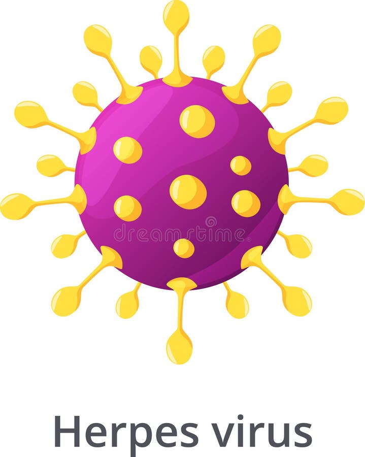 Herpes-viruscell med lila kärna och gula spikar som orsakar infektion i mikroskopisk vy av en farlig patogen vektor illustrationer