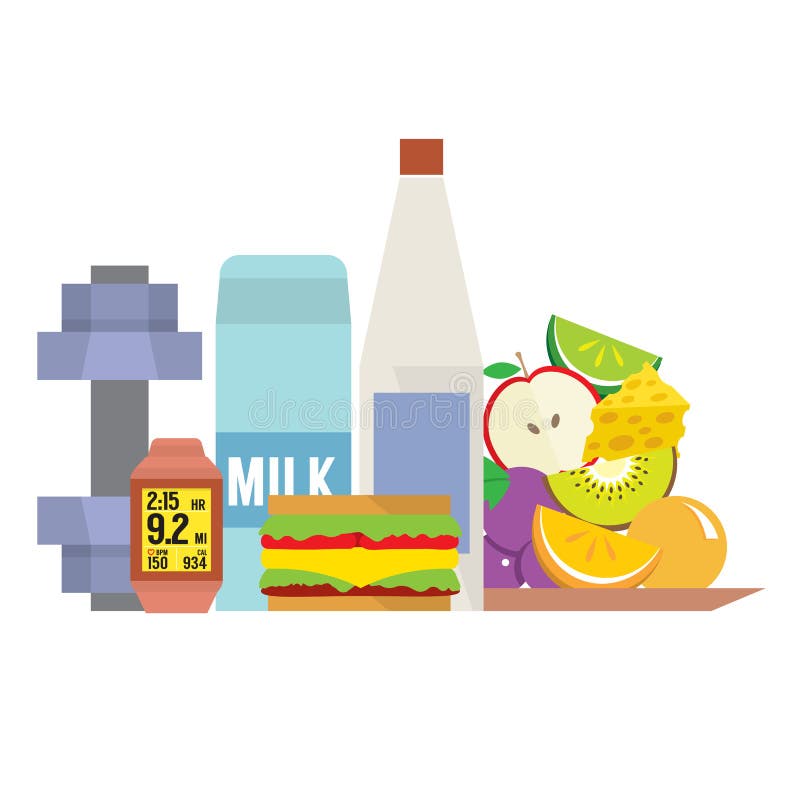 Herramientas de la aptitud con la comida sana libre illustration Herramientas de la aptitud con la comida sana libre illustration