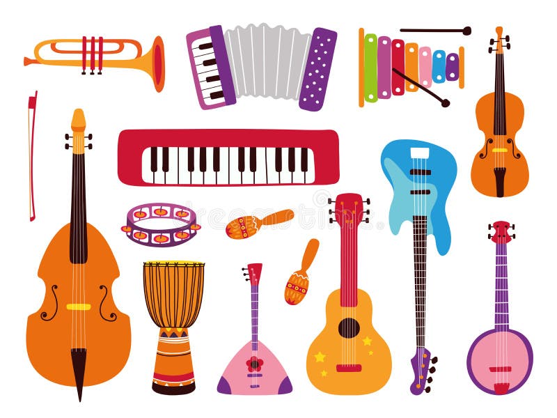  Herramientas De Música. Instrumentos Musicales Infantiles De Guitarra Electrónica. Objetos De Compositor Dibujos Animados Niños Pl Ilustración del Vector