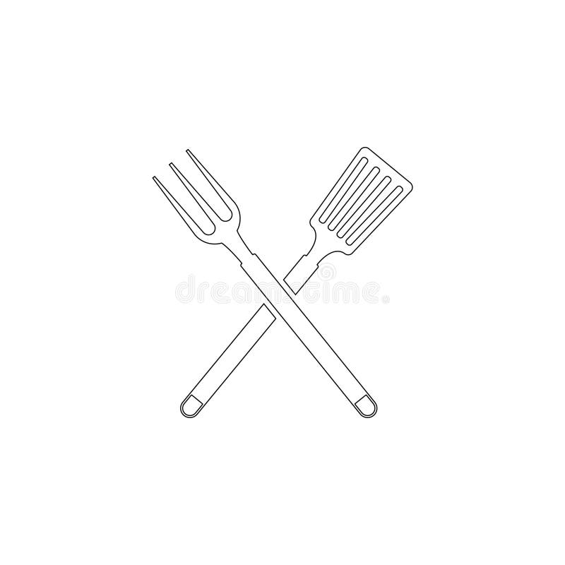 Herramientas del Bbq o de la parrilla Bifurcaci? n cruzada de la barbacoa con la esp? tula Icono plano del vector. BBQ or grill tools. Crossed barbecue fork with spatula. simple flat vector icon illustration. outline line symbol - editable stroke
