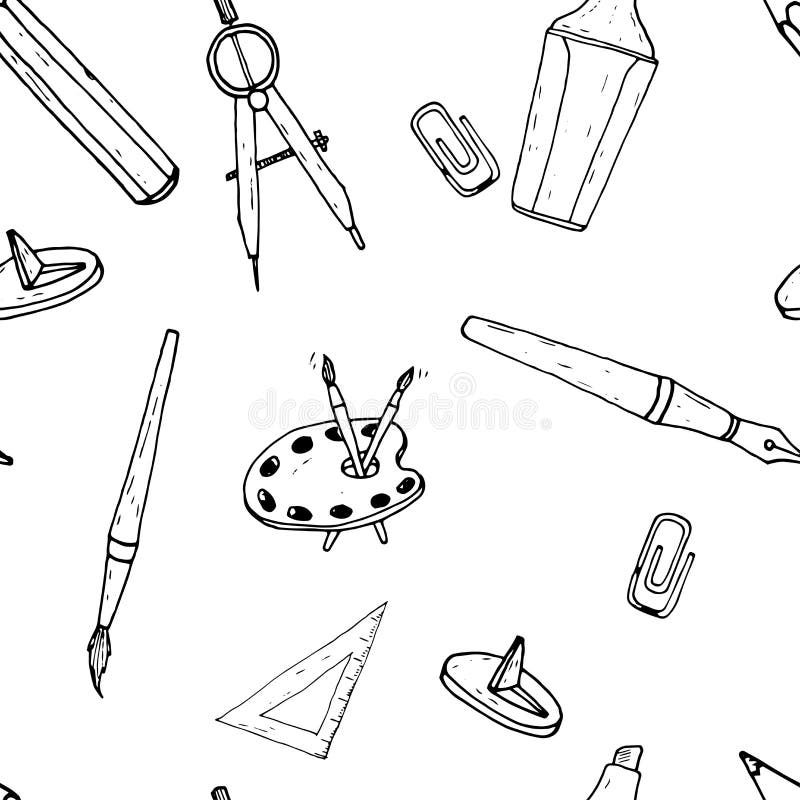 Herramientas del dibujo y de la pintura Modelo inconsútil Bosquejo drenado mano stock de ilustración Herramientas del dibujo y de la pintura Modelo inconsútil Bosquejo drenado mano stock de ilustración