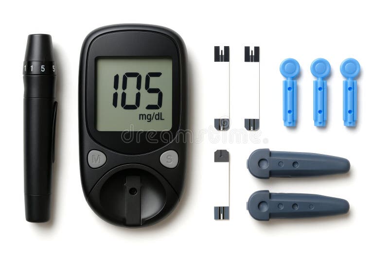 Herramientas esenciales para el manejo de la diabetes, incluyendo tiras y lancetas de prueba para el medidor de glucosa, para un c fotografía de archivo